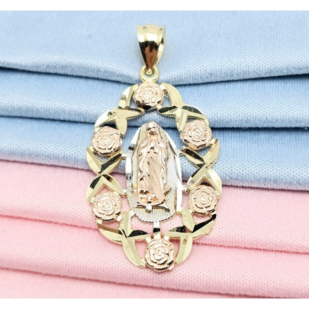 14K Tri Tone Multi Color Gold Religious Flower Floral Saint Mary Charm Pendant